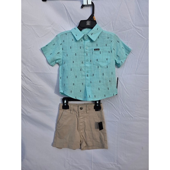 Volcom Other - Volcom Toddler Boys 2-Piece Set Aqua Button Down Shirt and Khaki Shorts NEW